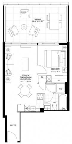 Floor plan for 1 bed, 1 bath, 487 sqft